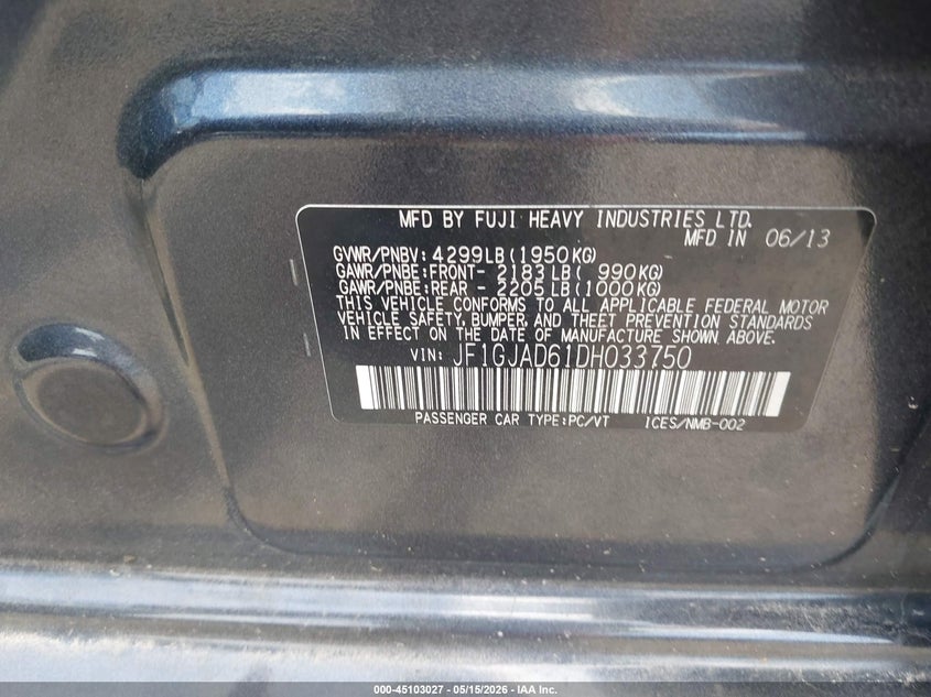 2013 Subaru Impreza VIN JF1GJAD61DH033750 IAAI salvage auction — FRONT END, Salvage (Louisiana), sold $400 on 2026-07-21 (photo 9)