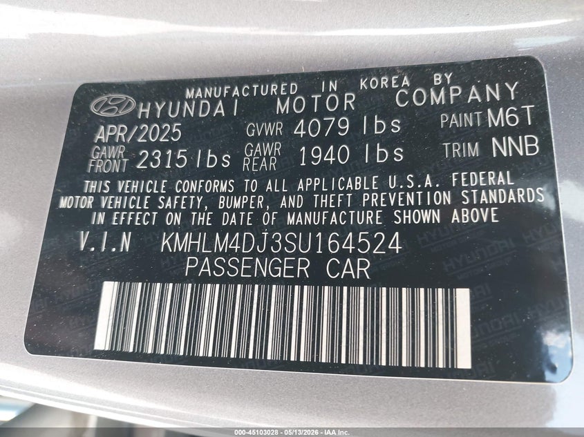 2025 Hyundai Elantra VIN KMHLM4DJ3SU164524 IAAI salvage auction — FRONT END, Salvage Title, sold $8,125 on 2026-08-23 (photo 9)