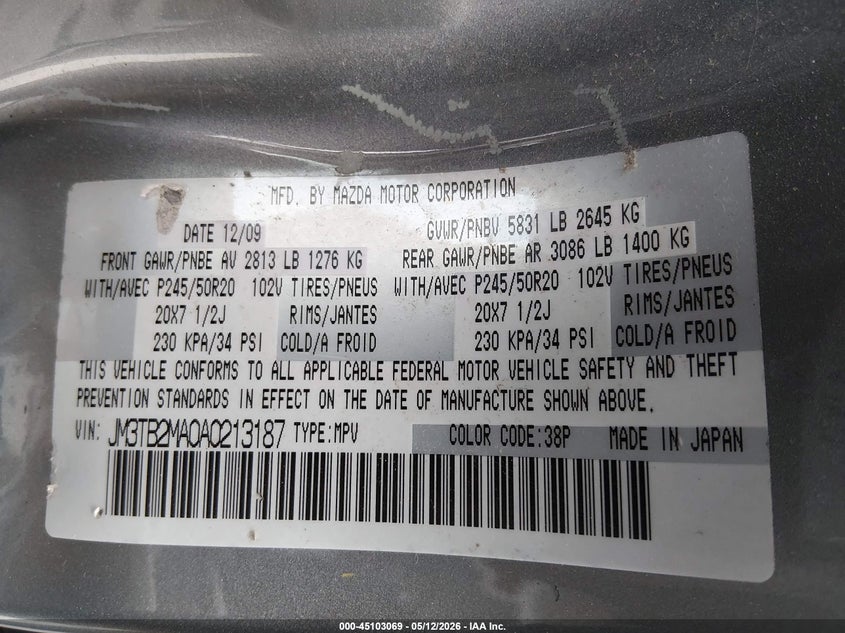 2010 Mazda Cx-9 VIN JM3TB2MA0A0213187 IAAI salvage auction — FRONT & REAR, Salvage (Illinois), sold $800 on 2026-07-14 (photo 9)