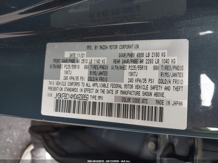 2021 Mazda Cx-5 VIN JM3KFBCY4M0493859 IAAI salvage auction — FRONT END, Salvage (Arizona), sold $7,300 on 2026-07-20 (photo 9)