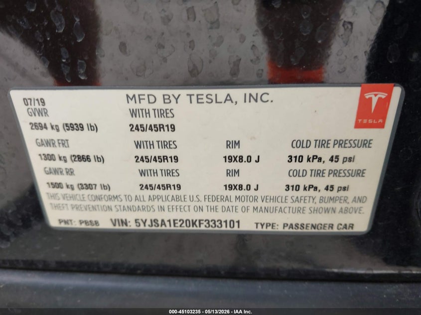 2019 Tesla Model s VIN 5YJSA1E20KF333101 IAAI salvage auction — HAIL, Salvage (Ohio), sold $12,550 on 2026-07-13 (photo 9)