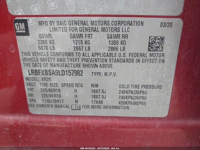 2020 Buick Envision VIN LRBFXBSA9LD157982 IAAI salvage auction — FRONT END, Salvage (Utah), sold $2,200 on 2026-07-10 (photo 9)