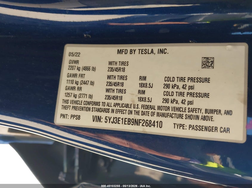 2022 Tesla Model 3 VIN 5YJ3E1EB9NF268410 IAAI salvage auction — HAIL, Salvage (Texas), sold $12,850 on 2026-07-09 (photo 9)