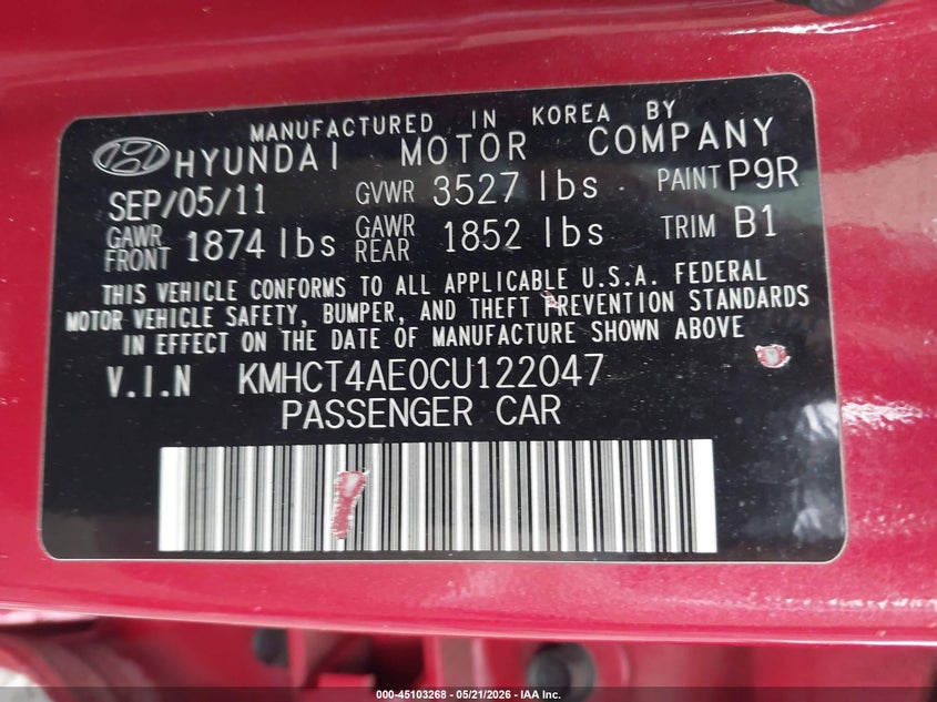 2012 Hyundai Accent VIN KMHCT4AE0CU122047 IAAI salvage auction — RIGHT FRONT, Clear (Oklahoma), sold $1,125 on 2026-07-07 (photo 9)