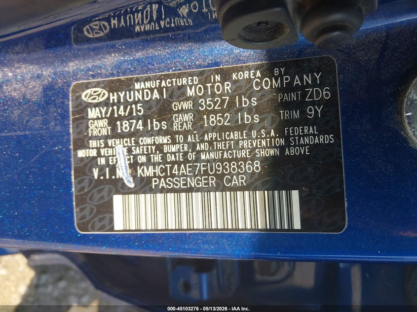 2015 Hyundai Accent VIN KMHCT4AE7FU938368 IAAI salvage auction — RIGHT SIDE, Clear (Arkansas), sold $800 on 2026-07-08 (photo 9)