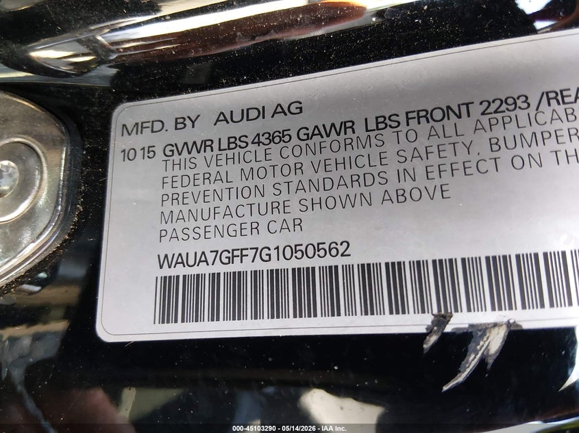 2016 Audi A3 VIN WAUA7GFF7G1050562 IAAI salvage auction — WATER/FLOOD, Certificate Of Destruction (Louisiana), sold $1,100 on 2026-07-22 (photo 9)