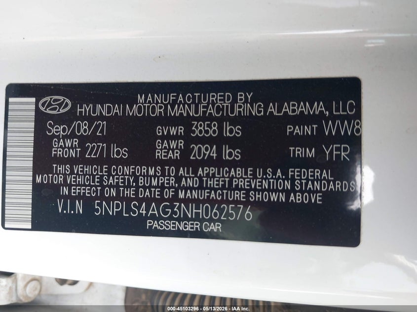 2022 Hyundai Elantra VIN 5NPLS4AG3NH062576 IAAI salvage auction — RIGHT FRONT, Salvage (Arizona), sold $3,800 on 2026-07-07 (photo 9)