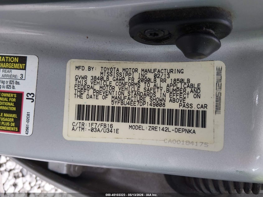 2013 Toyota Corolla VIN 5YFBU4EE7DP149008 IAAI salvage auction — FRONT END, Salvage (South Carolina), sold $1,550 on 2026-07-28 (photo 9)