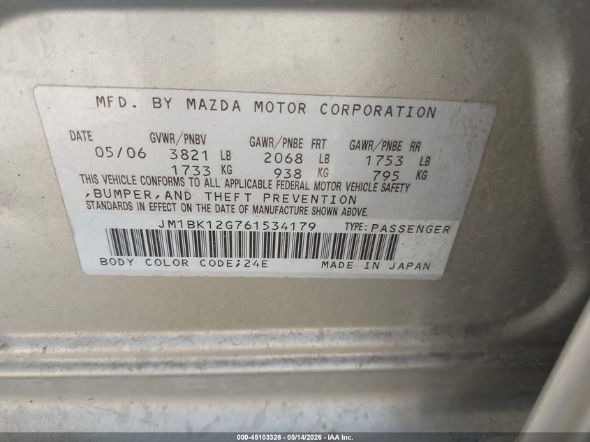 2006 Mazda 3 VIN JM1BK12G761534179 IAAI salvage auction — LEFT SIDE, Salvage (Texas), sold $275 on 2026-07-15 (photo 9)