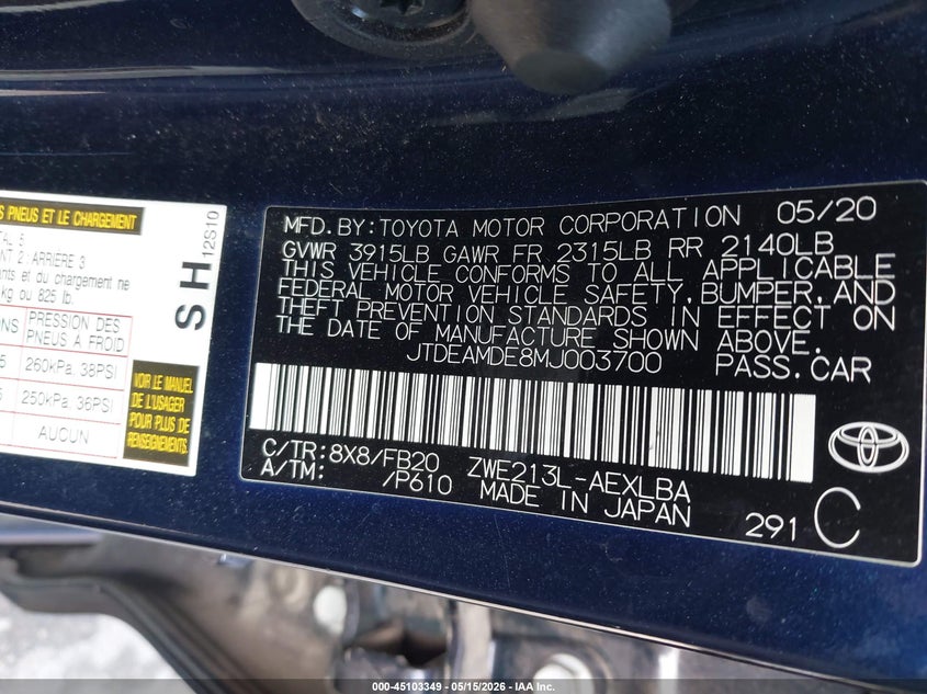 2021 Toyota Corolla VIN JTDEAMDE8MJ003700 IAAI salvage auction — RIGHT FRONT, Original (Texas), sold $5,100 on 2026-07-23 (photo 9)