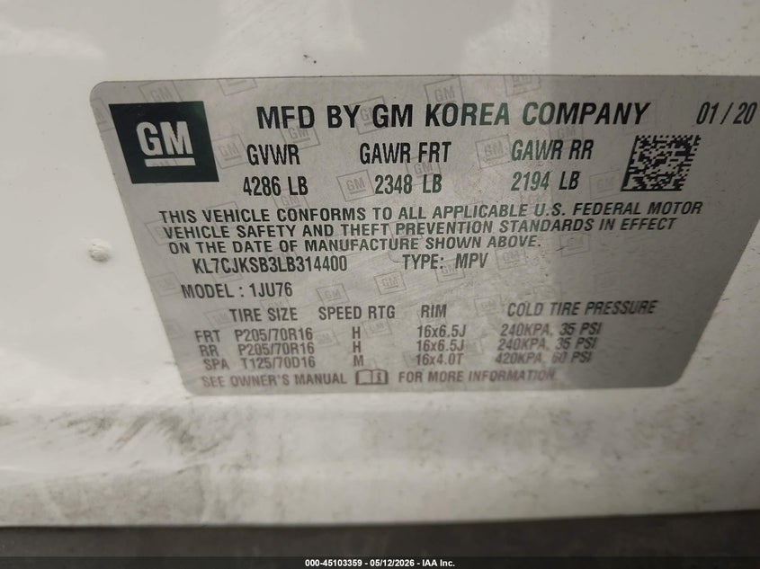 2020 Chevrolet Trax VIN KL7CJKSB3LB314400 IAAI salvage auction — NORMAL WEAR, Clear (Illinois), sold $25 on 2026-07-28 (photo 9)