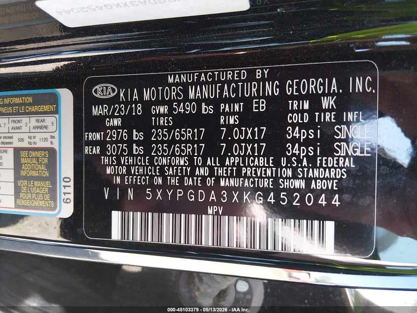 2019 Kia Sorento VIN 5XYPGDA3XKG452044 IAAI salvage auction — FRONT END, Salvage (Nebraska), sold $2,450 on 2026-07-16 (photo 9)