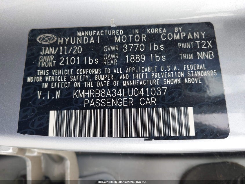 2020 Hyundai Venue VIN KMHRB8A34LU041037 IAAI salvage auction — REAR END, Salvage (California), sold $3,000 on 2026-07-09 (photo 9)