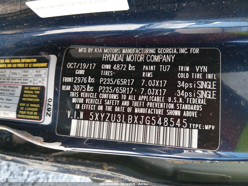 2018 Hyundai Santa fe VIN 5XYZU3LBXJG548545 IAAI salvage auction — LEFT SIDE, Salvage (Alabama), sold $600 on 2026-07-16 (photo 9)