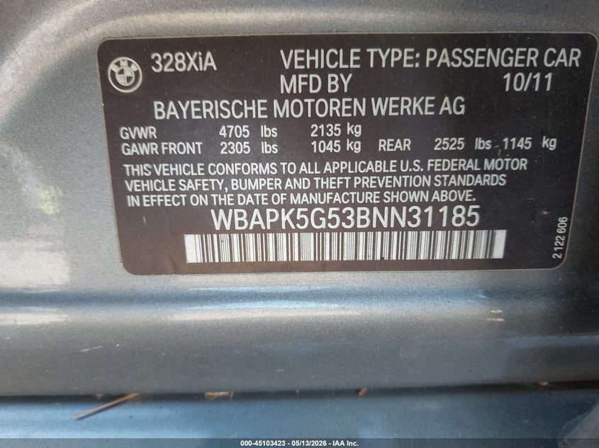 2011 BMW 3er VIN WBAPK5G53BNN31185 IAAI salvage auction — WATER/FLOOD, Junk Bill Of Sale Mv2459 (Wisconsin), sold $275 on 2026-08-04 (photo 9)