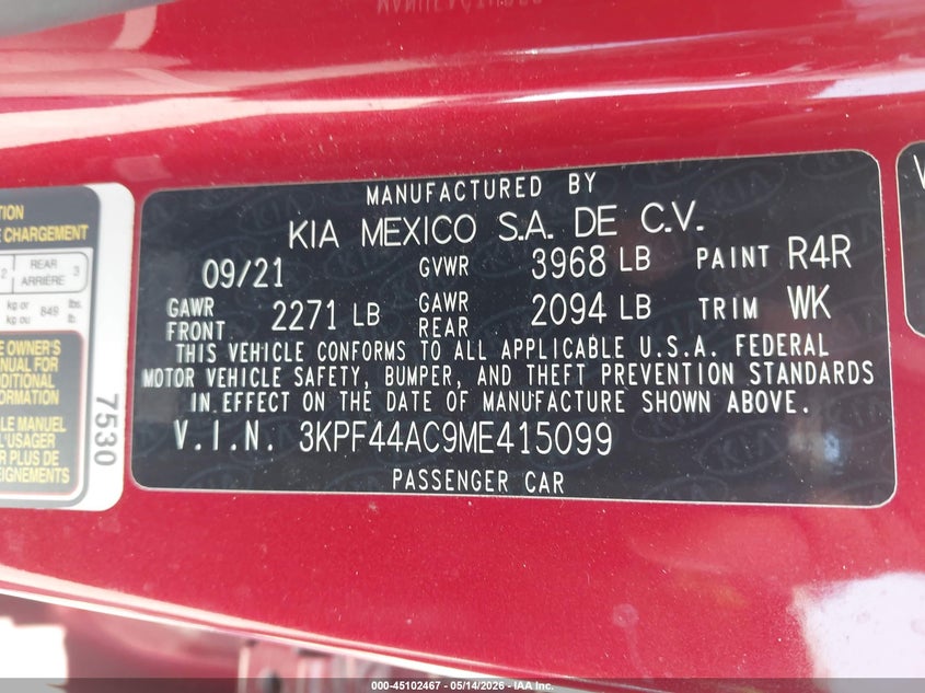 2021 Kia Forte VIN 3KPF44AC9ME415099 IAAI salvage auction — REAR END, Salvage (California), sold $4,000 on 2026-07-09 (photo 9)