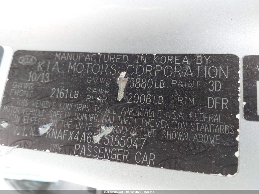 2014 Kia Forte VIN KNAFX4A65E5165047 IAAI salvage auction — FRONT & REAR, Clear (Indiana), sold $1,100 on 2026-07-08 (photo 9)