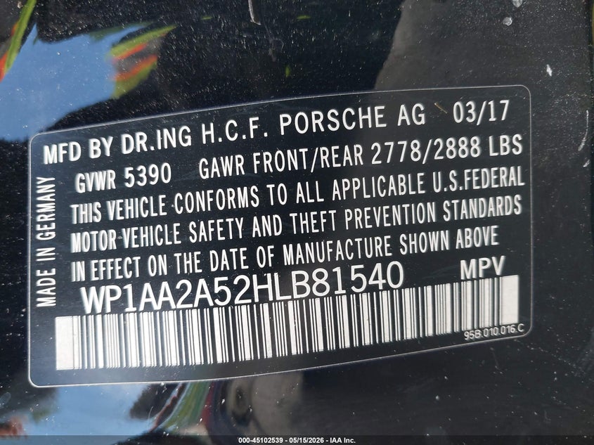 2017 Porsche Macan VIN WP1AA2A52HLB81540 IAAI salvage auction — LEFT SIDE, Salvage - Greater Than 75% (Maryland), sold $2,100 on 2026-07-21 (photo 9)