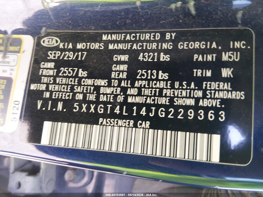 2018 Kia Optima VIN 5XXGT4L14JG229363 IAAI salvage auction — FRONT END, Salvage (South Carolina), sold $925 on 2026-07-29 (photo 9)