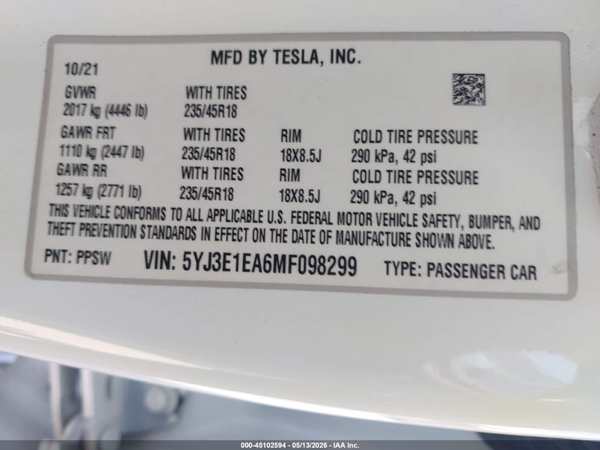 2021 Tesla Model 3 VIN 5YJ3E1EA6MF098299 IAAI salvage auction — REAR END, Original (Texas), sold $9,600 on 2026-07-09 (photo 9)
