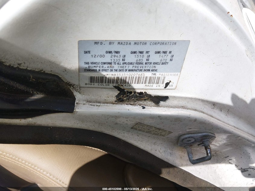 2001 Mazda Mx-5 miata VIN JM1NB353510207683 IAAI salvage auction — NORMAL WEAR, Bill Of Sale (Kentucky), sold $325 on 2026-07-29 (photo 9)