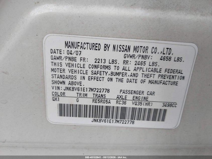 2007 Infiniti G VIN JNKBV61E17M722778 IAAI salvage auction — THEFT, Salvage (California), sold $675 on 2026-08-03 (photo 9)