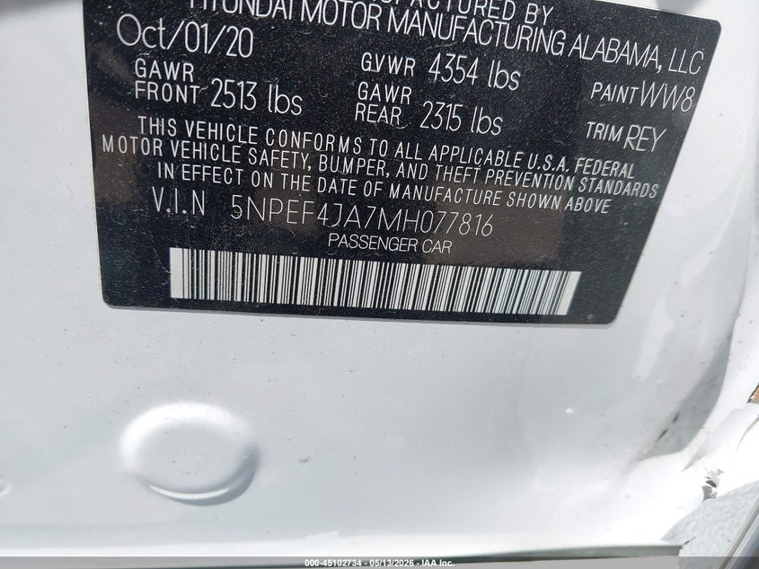 2021 Hyundai Sonata VIN 5NPEF4JA7MH077816 IAAI salvage auction — SIDE, Salvage (Texas), sold $4,850 on 2026-07-29 (photo 9)