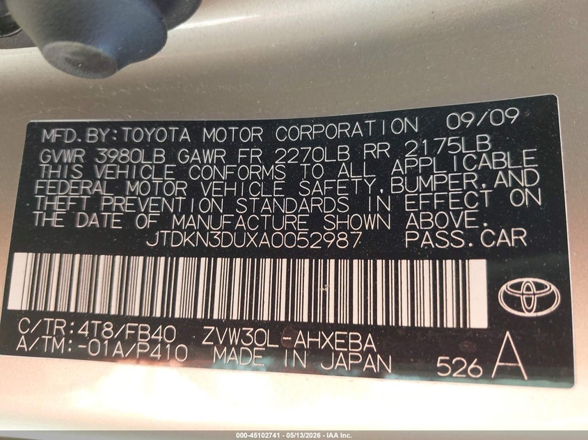 2010 Toyota Prius VIN JTDKN3DUXA0052987 IAAI salvage auction — FRONT END, Original (Texas), sold $175 on 2026-07-20 (photo 9)