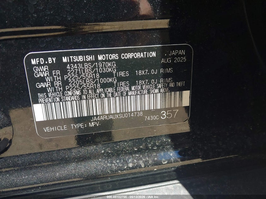 2025 Mitsubishi Outlander VIN JA4ARUAUXSU014738 IAAI salvage auction — FRONT END, Original (Texas), sold $5,500 on 2026-08-03 (photo 9)