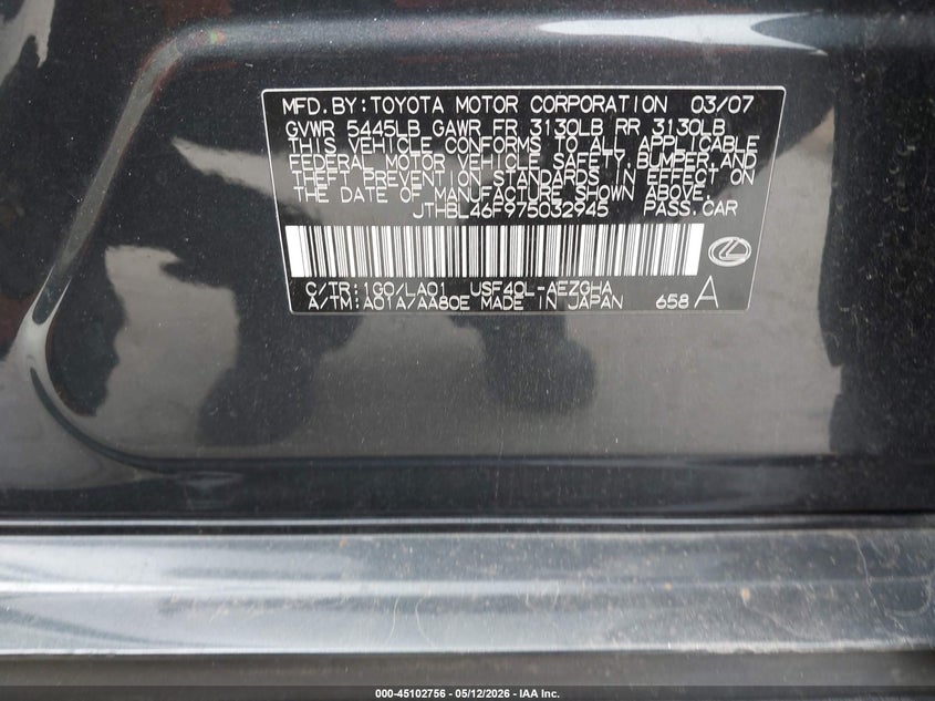 2007 Lexus Ls 460 VIN JTHBL46F975032945 IAAI salvage auction — LEFT FRONT, Salvage (Illinois), sold $1,650 on 2026-07-28 (photo 9)