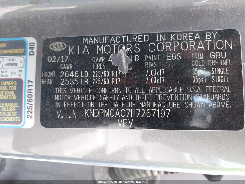 2017 Kia Sportage VIN KNDPMCAC7H7267197 IAAI salvage auction — THEFT, Salvage (Iowa), sold $2,550 on 2026-07-09 (photo 9)