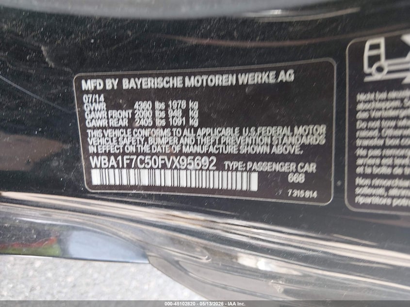 2015 BMW VIN WBA1F7C50FVX95692 IAAI salvage auction — RIGHT FRONT, Salvage (New Jersey), sold $925 on 2026-07-27 (photo 9)