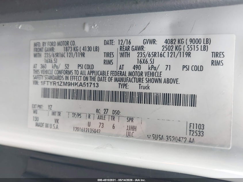 2017 Ford Transit VIN 1FTYR1ZM9HKA51713 IAAI salvage auction — FRONT END, Salvage - Greater Than 75% (Maryland), sold $3,500 on 2026-08-02 (photo 9)