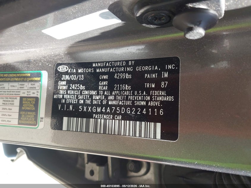 2013 Kia Optima VIN 5XXGM4A75DG224116 IAAI salvage auction — UNKNOWN, Salvage (Texas), sold $450 on 2026-07-30 (photo 9)