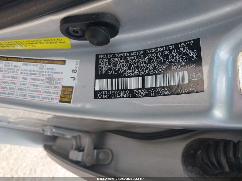 2012 Toyota Prius VIN JTDKN3DUXC5457687 IAAI salvage auction — FRONT END, Salvage (Texas), sold $675 on 2026-07-08 (photo 9)