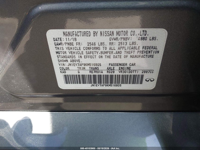 2019 Infiniti Q50 VIN JN1EV7AP9KM516805 IAAI salvage auction — LEFT FRONT, Salvage Certificate (California), sold $7,250 on 2026-07-10 (photo 9)
