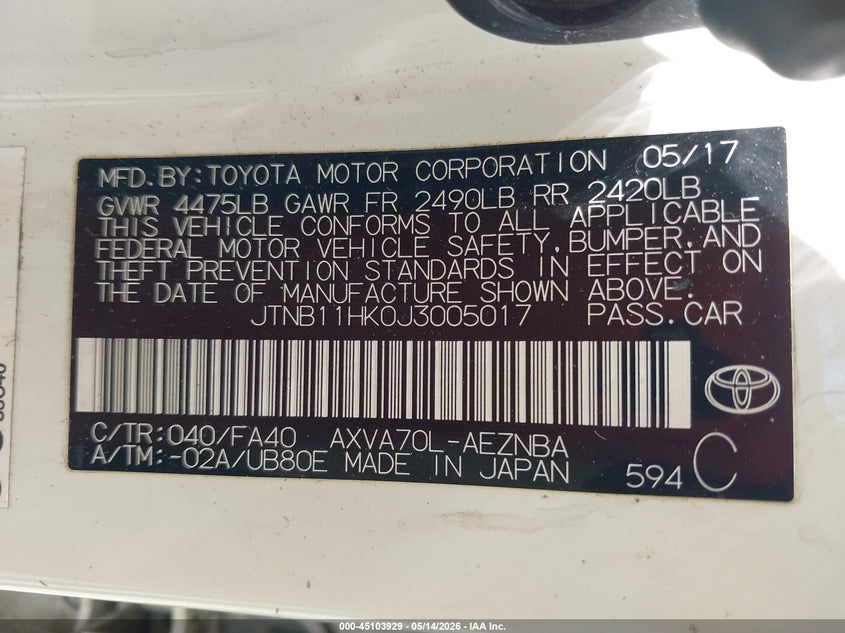 2018 Toyota Camry VIN JTNB11HK0J3005017 IAAI salvage auction — REAR END, Salvage (Alabama), sold $3,800 on 2026-07-08 (photo 9)
