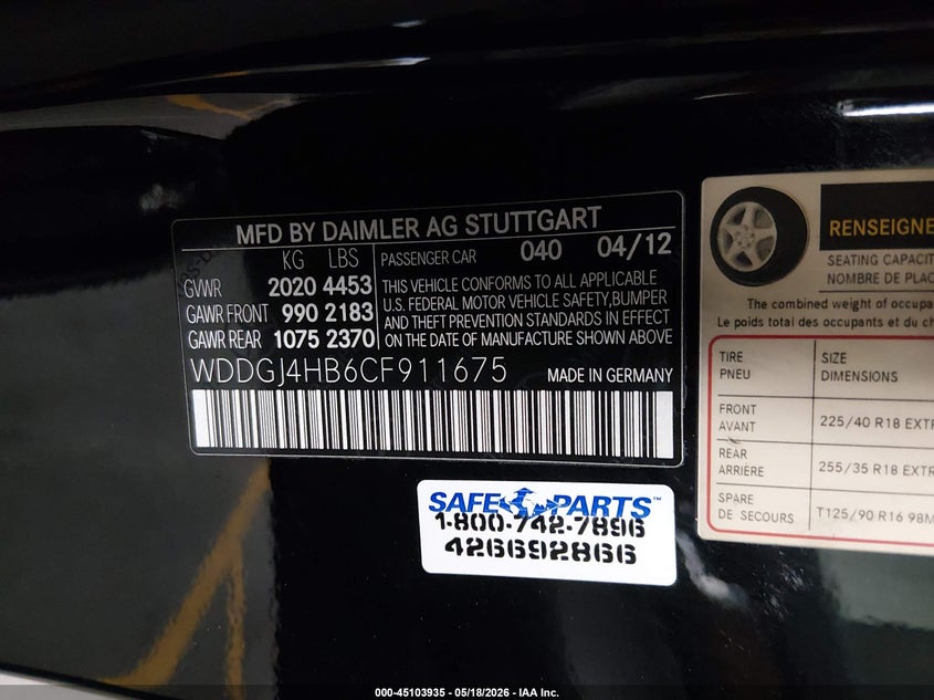 2012 Mercedes-benz C-klasse VIN WDDGJ4HB6CF911675 IAAI salvage auction — FRONT END, Salvage (Arizona), sold $950 on 2026-07-28 (photo 9)