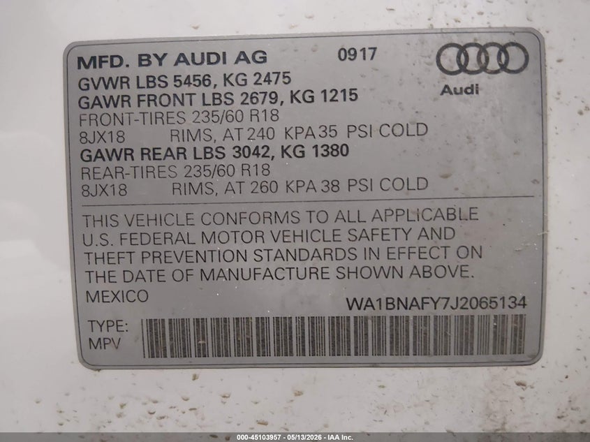 2018 Audi Q5 VIN WA1BNAFY7J2065134 IAAI salvage auction — SIDE, Bill Of Sale (Alaska), sold $3,925 on 2026-07-24 (photo 9)
