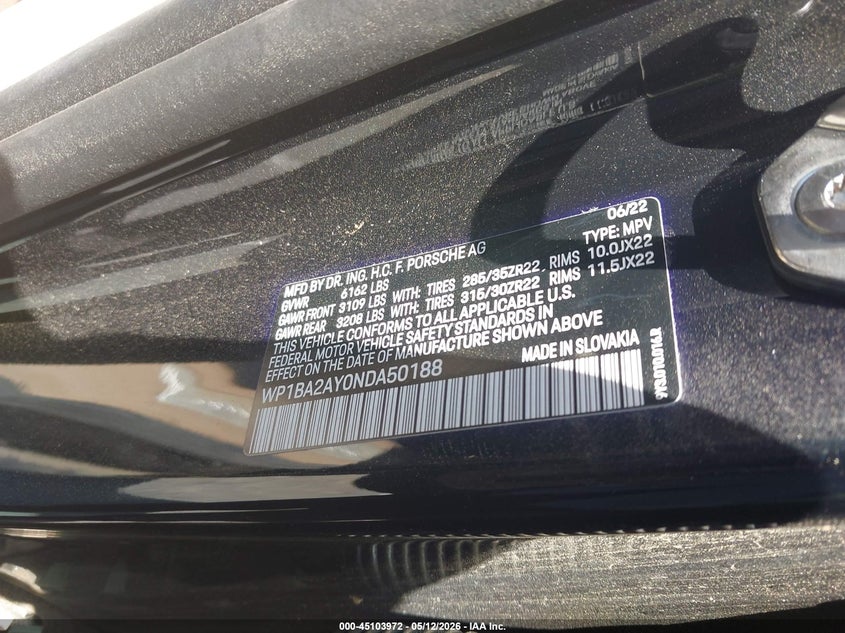 2022 Porsche Cayenne coupe VIN WP1BA2AY0NDA50188 IAAI salvage auction — THEFT, Salvage (California), sold $8,600 on 2026-08-17 (photo 9)