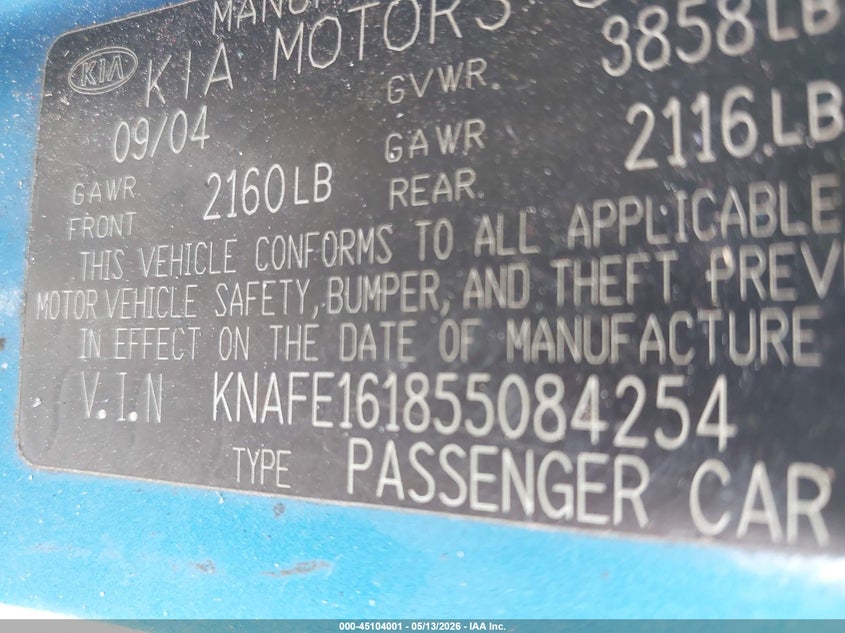 2005 Kia Spectra VIN KNAFE161855084254 IAAI salvage auction — FRONT END, Salvage (Mississippi), sold $225 on 2026-07-17 (photo 9)