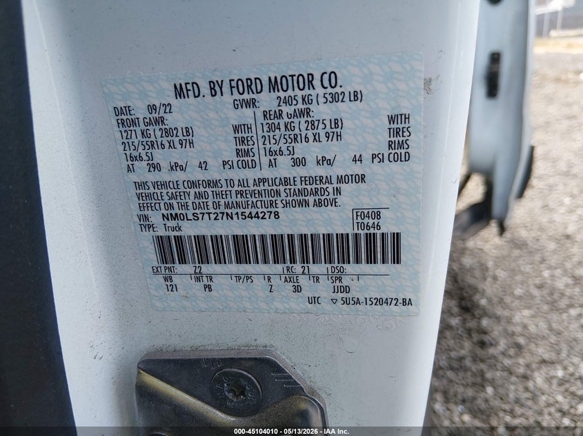 2022 Ford Transit VIN NM0LS7T27N1544278 IAAI salvage auction — REAR END, Salvage (South Carolina), sold $3,000 on 2026-07-14 (photo 9)