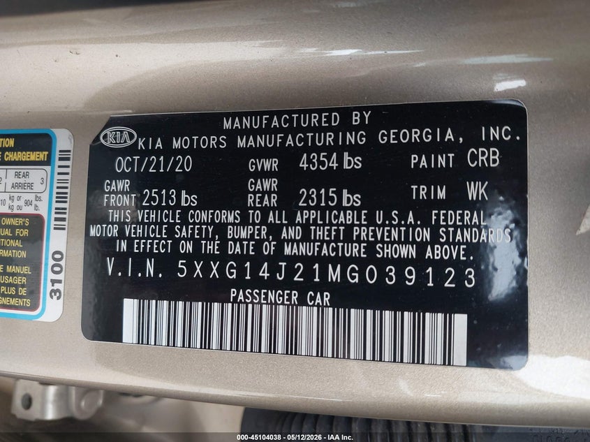 2021 Kia K5 VIN 5XXG14J21MG039123 IAAI salvage auction — FRONT END, Certificate Of Destruction (Florida), sold $2,400 on 2026-07-06 (photo 9)