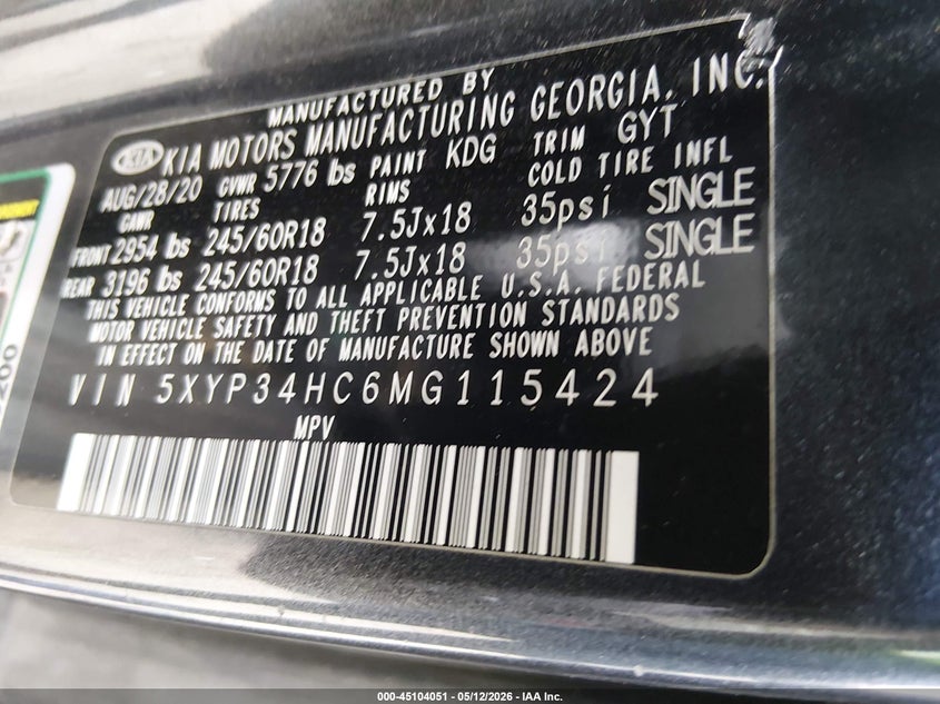 2021 Kia Telluride VIN 5XYP34HC6MG115424 IAAI salvage auction — FRONT END, Original (Texas), sold $2,850 on 2026-07-16 (photo 9)