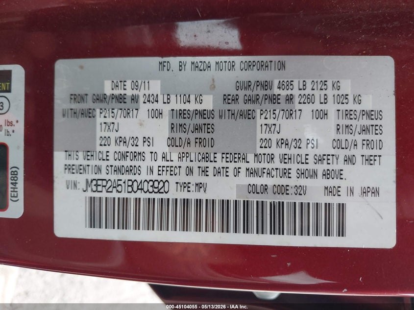 2011 Mazda Cx-7 VIN JM3ER2A51B0403920 IAAI salvage auction — UNDERCARRIAGE, Salvage (Hawaii), sold $525 on 2026-07-12 (photo 9)