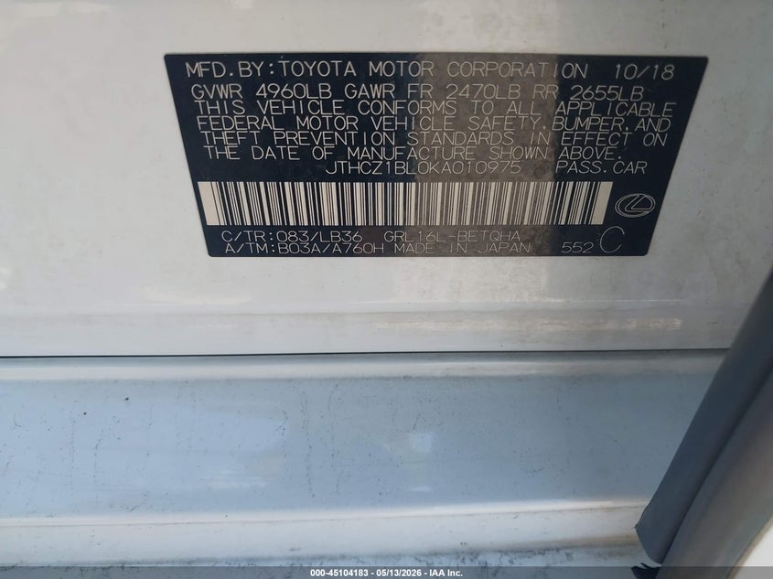 2019 Lexus Gs VIN JTHCZ1BL0KA010975 IAAI salvage auction — REAR END, Original (Texas), sold $8,700 on 2026-07-31 (photo 9)