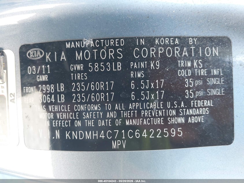 2012 Kia SEDONA VIN KNDMH4C71C6422595 IAAI salvage auction — NORMAL WEAR, Salvage Title, sold $250 on 2026-07-30 (photo 9)