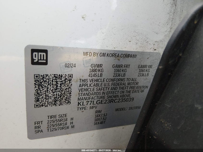 2024 Chevrolet Trax VIN KL77LGE23RC235039 IAAI salvage auction — ROLLOVER, Salvage Title, sold $925 on 2026-07-18 (photo 9)