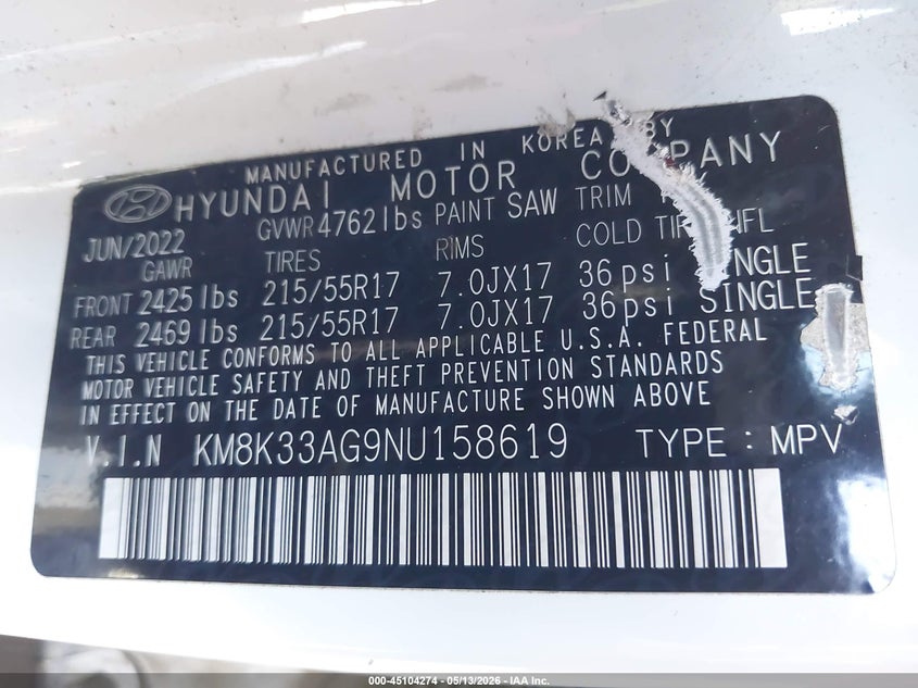 2022 Hyundai Kona VIN KM8K33AG9NU158619 IAAI salvage auction — RIGHT FRONT, Salvage (Oregon), sold $4,200 on 2026-07-16 (photo 9)