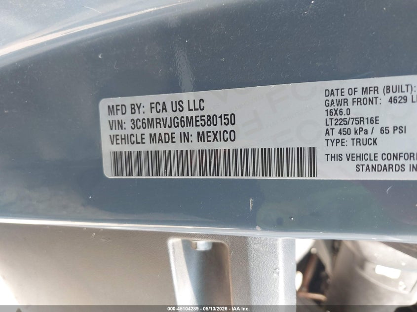 2021 Ram Promaster city VIN 3C6MRVJG6ME580150 IAAI salvage auction — REAR END, Original (Texas), sold $9,750 on 2026-07-29 (photo 9)
